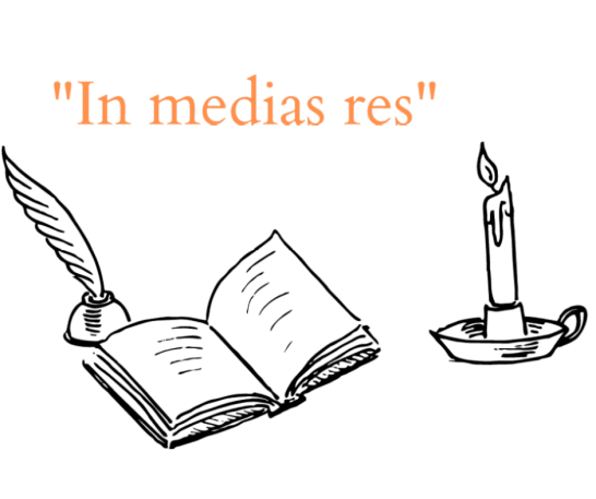 a book with a feather and a candle. In medias res as a way of dnd storytelling