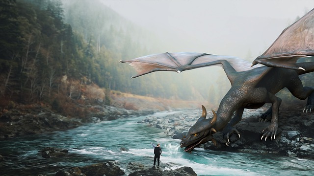 dragon versus hero on river